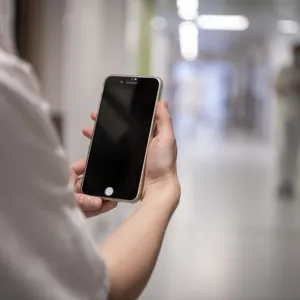 Hender som holder en tlf, korridor i bakgrunnen