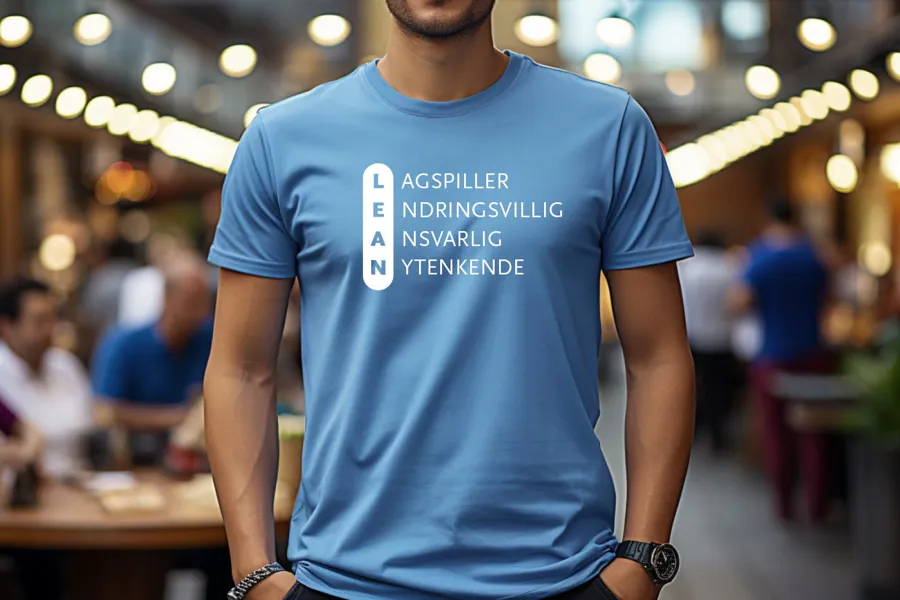 En person med blå t-skjorte, med påskriften: Lagspiller, endringsvillig, ansvarlig, nytenkende. Laget i bilderedigeringsprogram.
