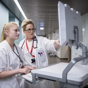 Two women in white coats pointing at a monitor