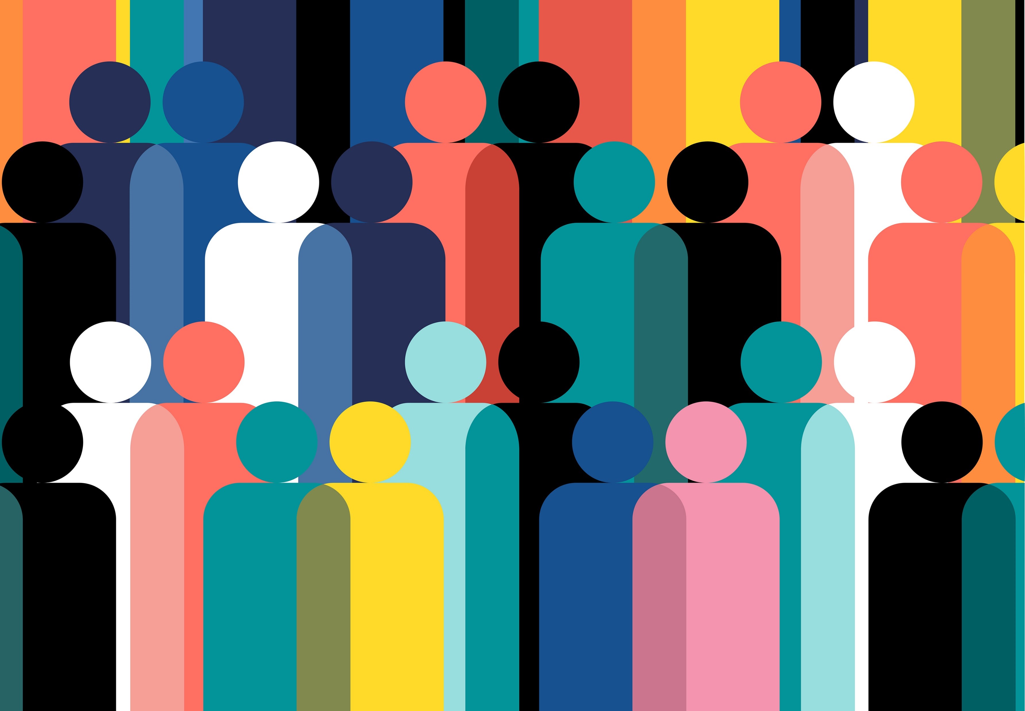 Tegnede menneskefigurer i mange farger. Illustrasjon.