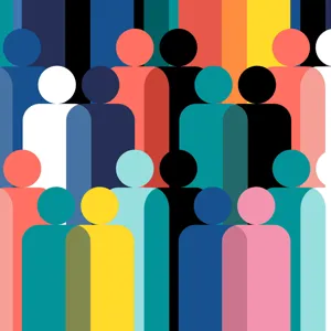 Tegnede menneskefigurer i mange farger. Illustrasjon.