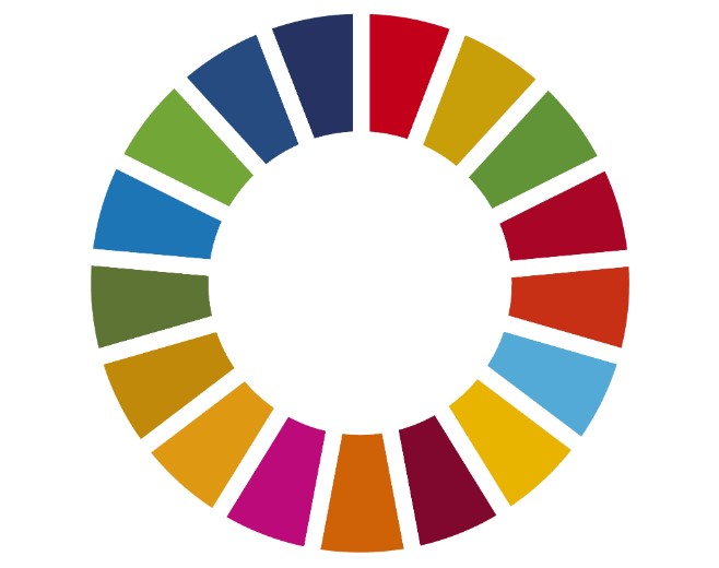 Solstrålediagram med 17 forskjellige farger som symboliserer FNs bærekraftsmål. Illustrasjon.