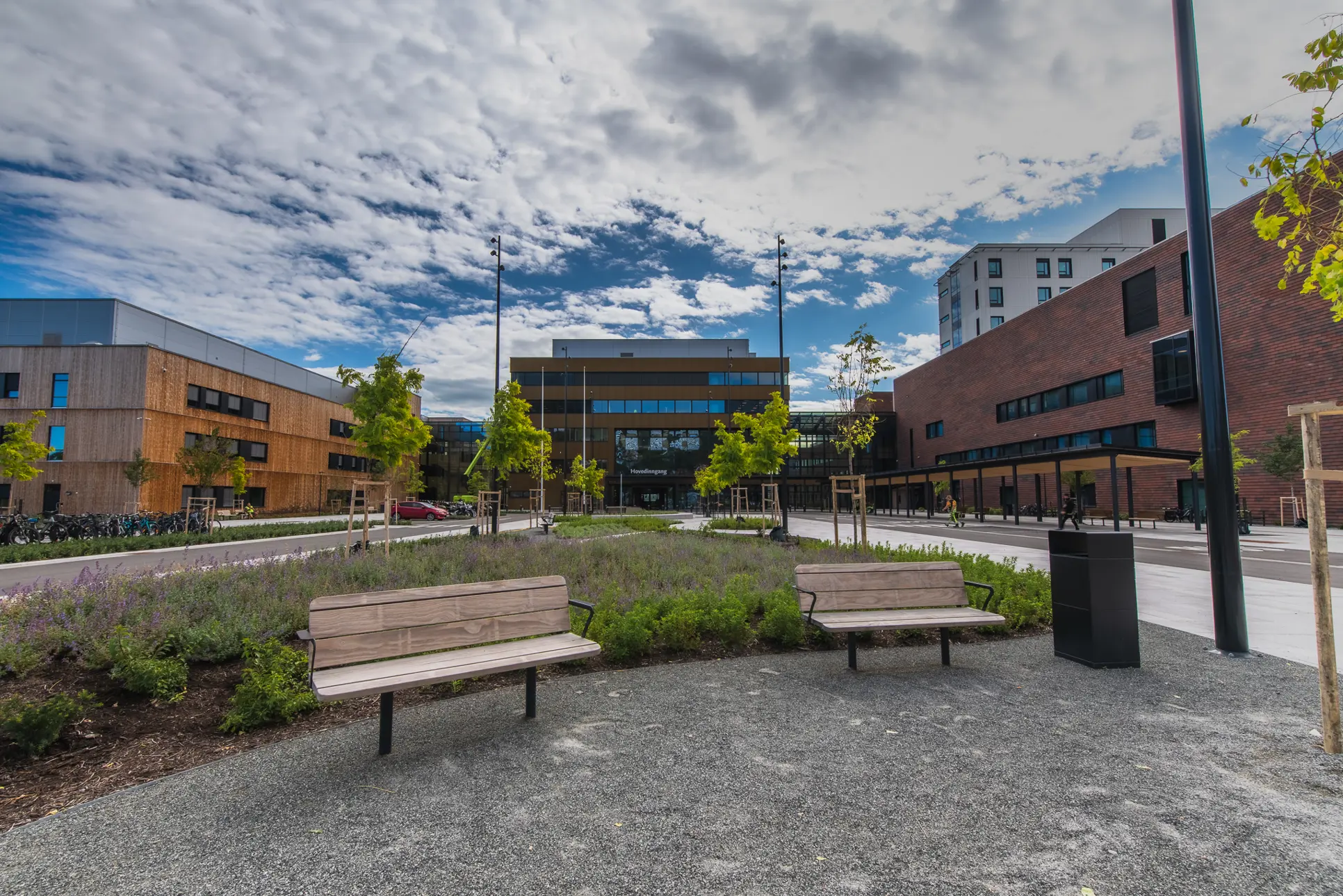 Benker i en park foran sykehusbygninger. Foto