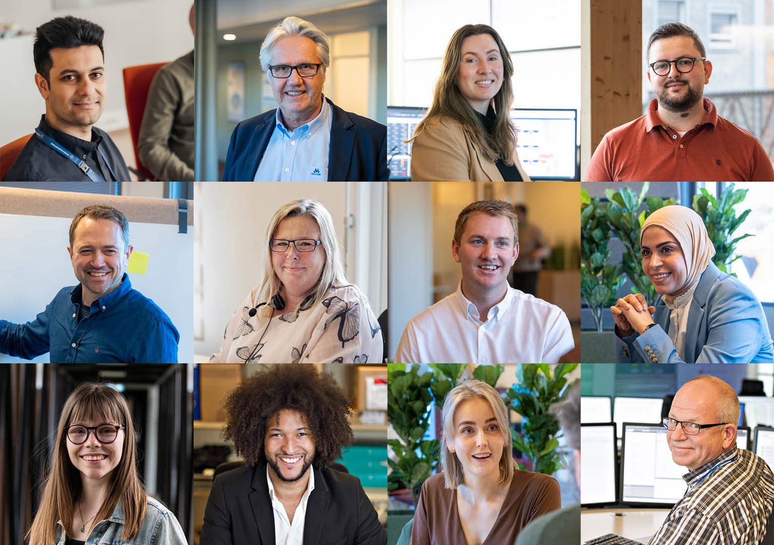 12 profilbilder av ansatte satt sammen i en bildecollage. Foto.