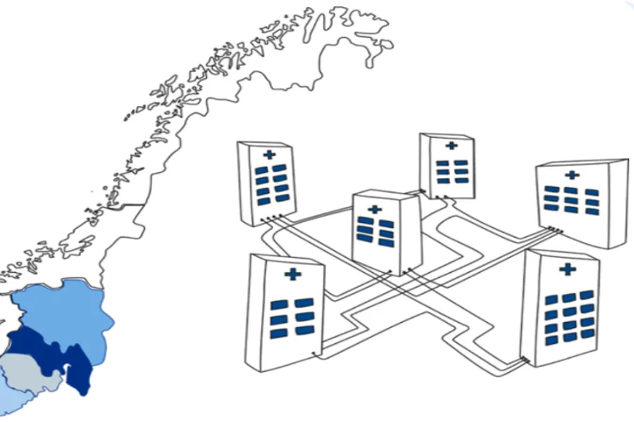 Tegning av norgeskart på den ene siden, og flere sykehusbygg som er forbundet med streker på den andre siden.