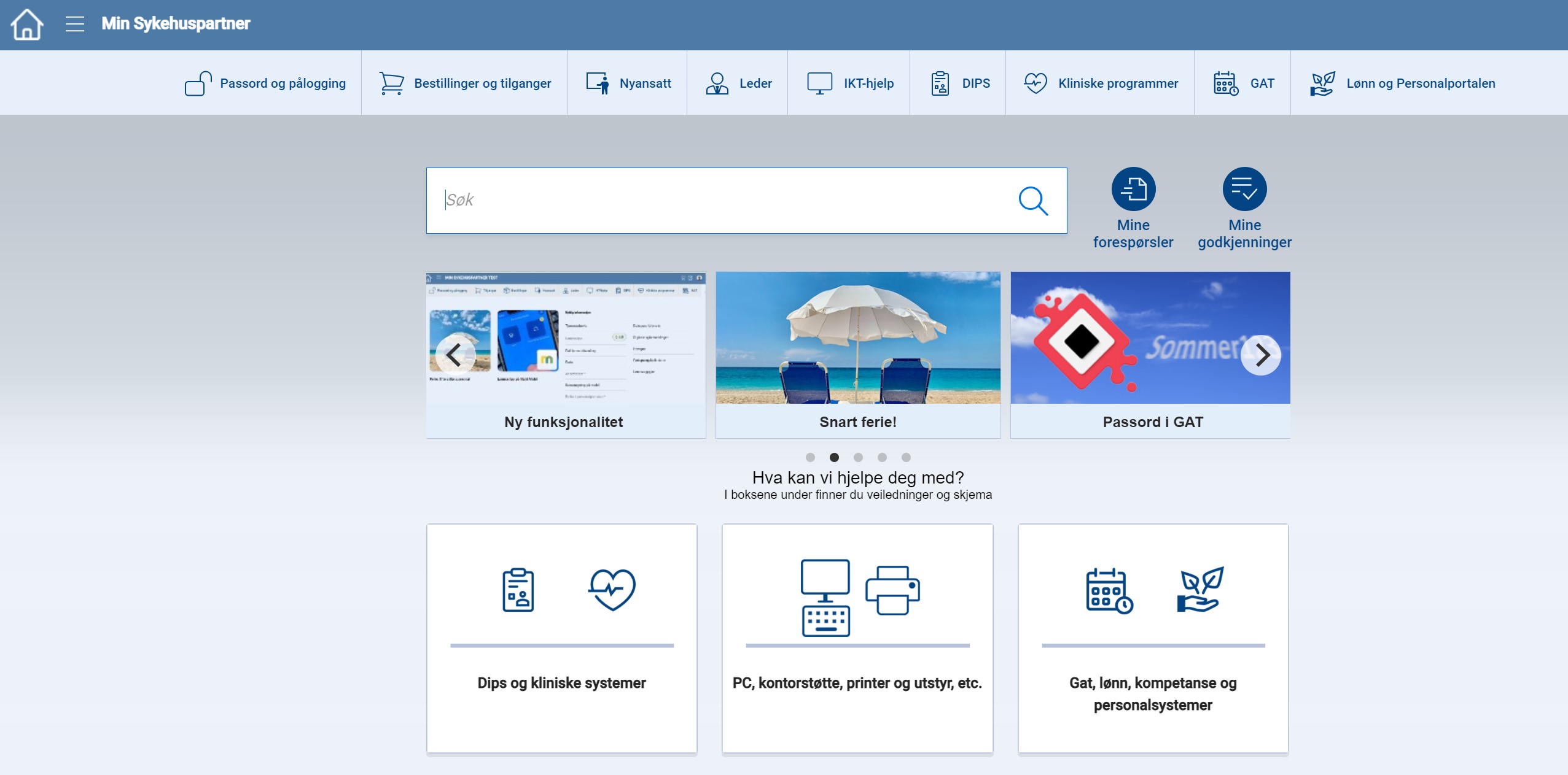 Forsiden til nettsiden for fagsystemet Min Sykehuspartner, med mange ulike artikler og lenker. Foto.
