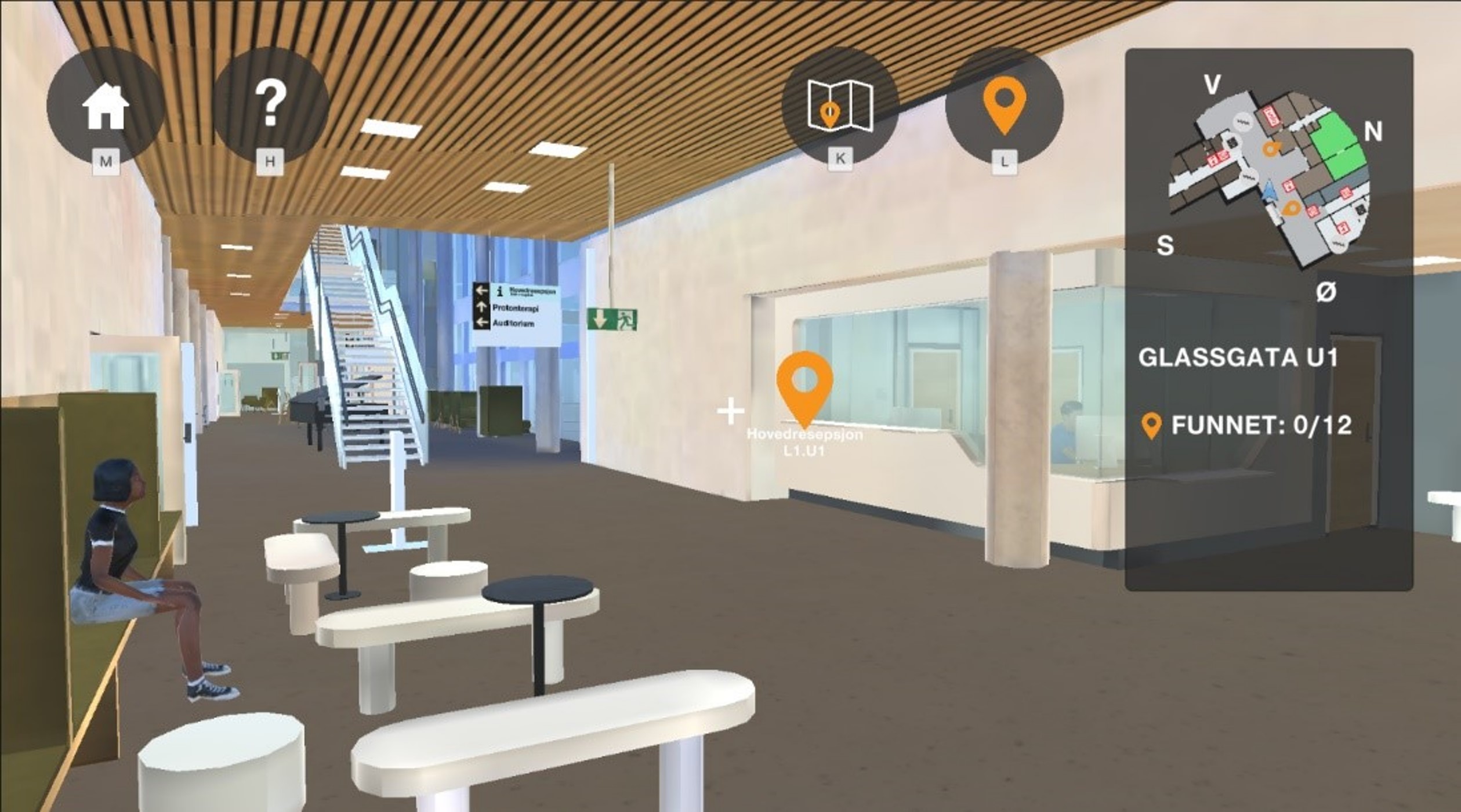 Datategnet rom med benker, trapp og resepsjon. Illustrasjon.