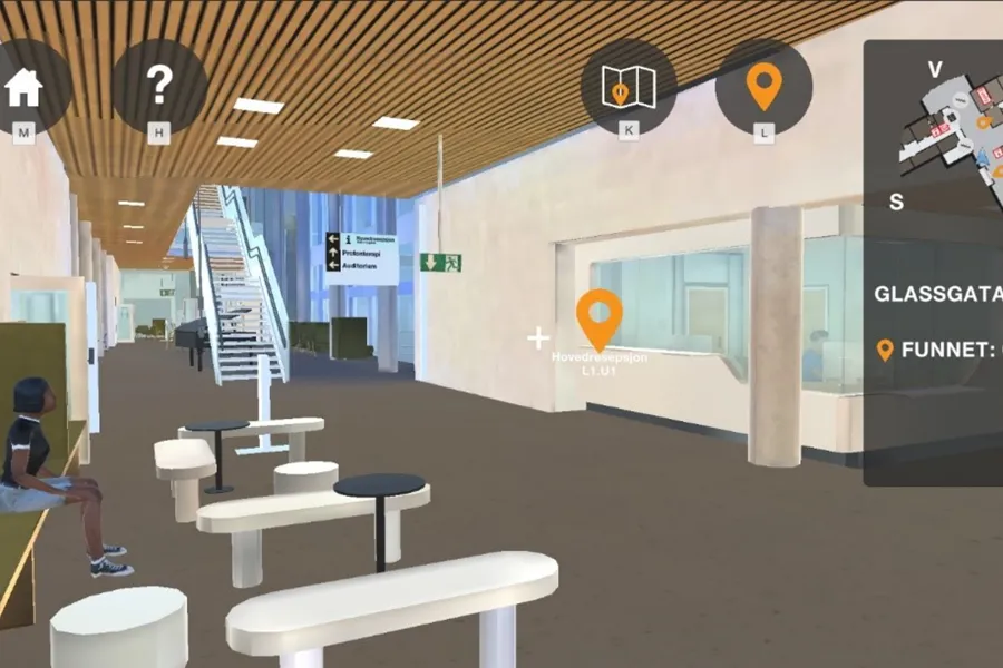 Datategnet rom med benker, trapp og resepsjon. Illustrasjon.