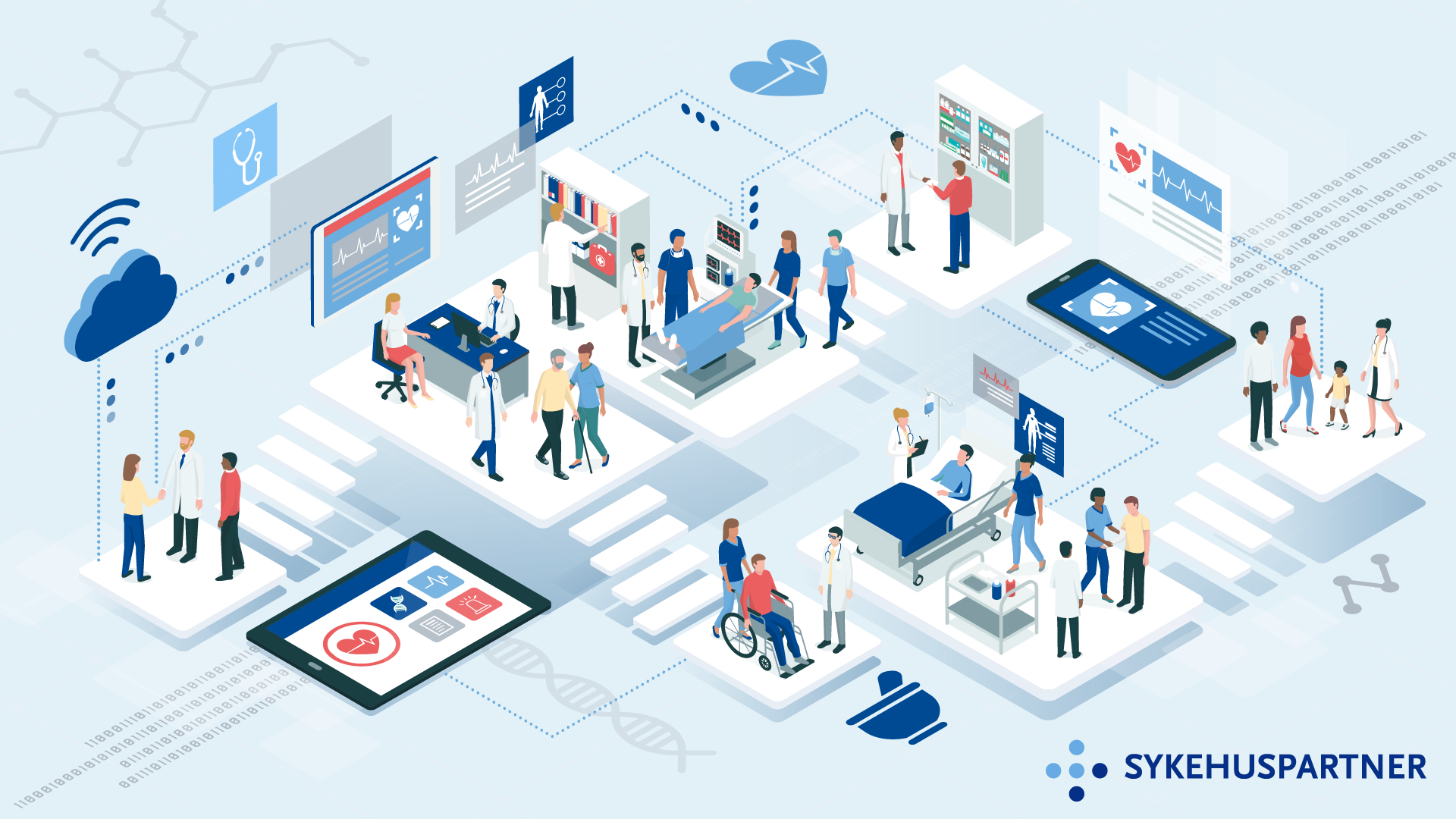 Tegning av situasjonsbilder der mennesker er i dialog med ulike deler av helsevesenet; på legekontor, sykehus, i samtale med leger, med mer. Situasjonsbildene illustreres å henge sammen via trapper og sammenkoblinger med dataskjermer. Illustrasjon.