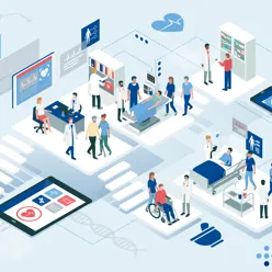 Tegning av situasjonsbilder der mennesker er i dialog med ulike deler av helsevesenet; på legekontor, sykehus, i samtale med leger, med mer. Situasjonsbildene illustreres å henge sammen via trapper og sammenkoblinger med dataskjermer. Illustrasjon.