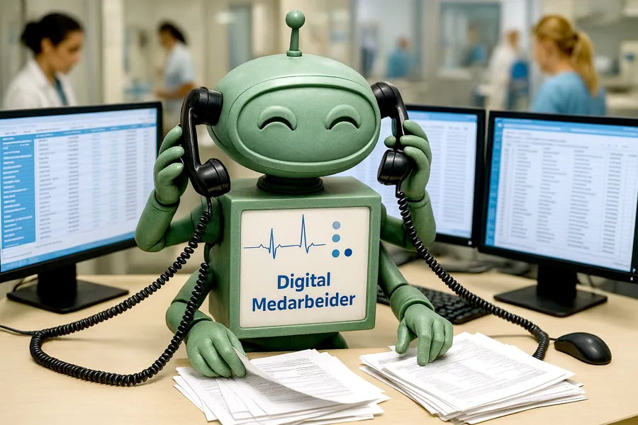 En grønn robot snakker i to telefonrør mens hen blar i papirbunker og betjener flere dataskjermer. Illustrasjon.
